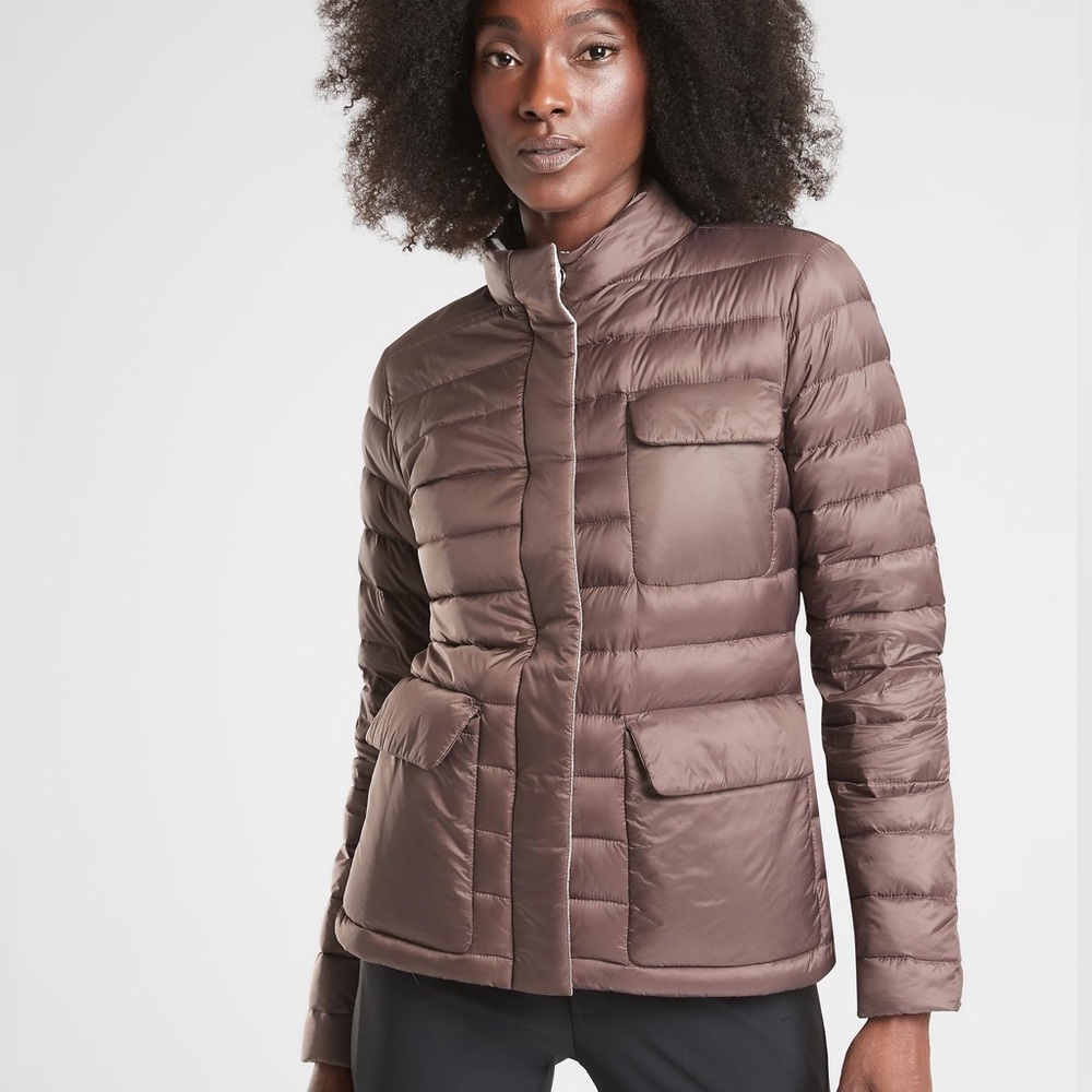 Athleta Pulse Reversible Goose Down Puffer Jacket or Coat Mineral Brown Size XS